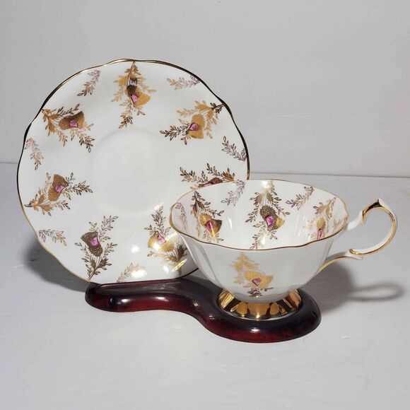 Queen Anne Teacup and Saucer Purple Gold Thistle Bone China England Vintage